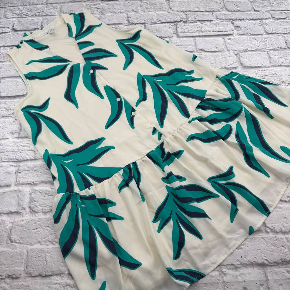 Nine West Womens XL Sleeveless Drop Waist Dress Teal White Leaf Print Above Knee